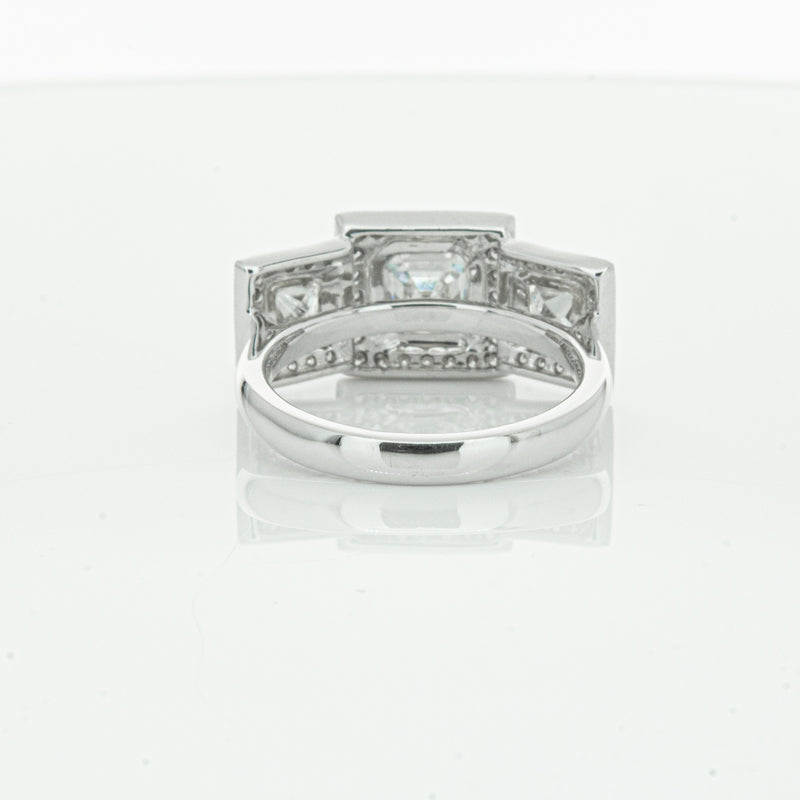 18ct White Gold Emerald Cut Diamond Halo Ring-Ring-Walker & Hall