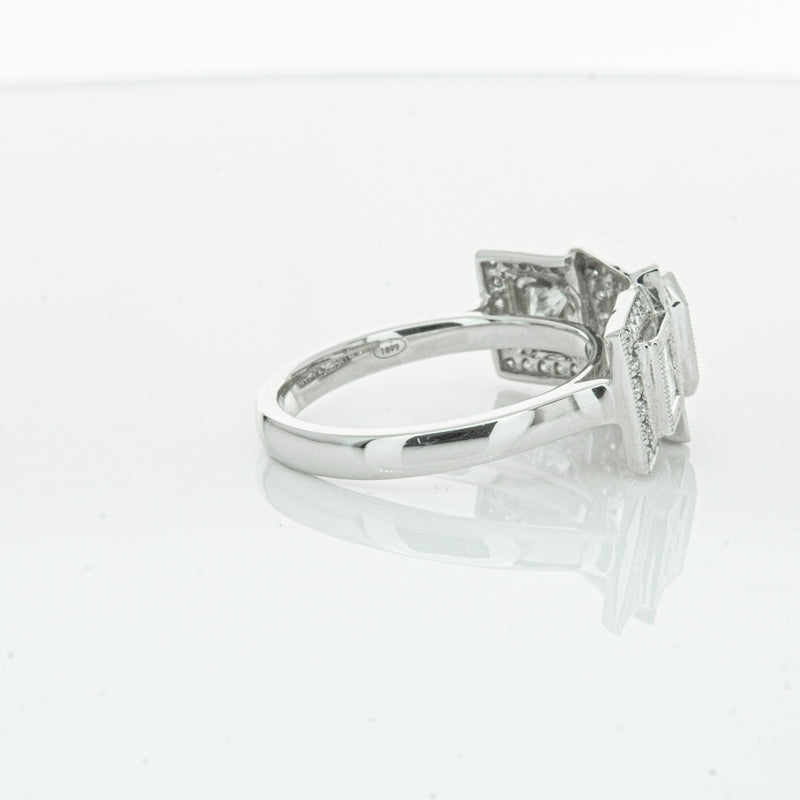 18ct White Gold Emerald Cut Diamond Halo Ring-Ring-Walker & Hall