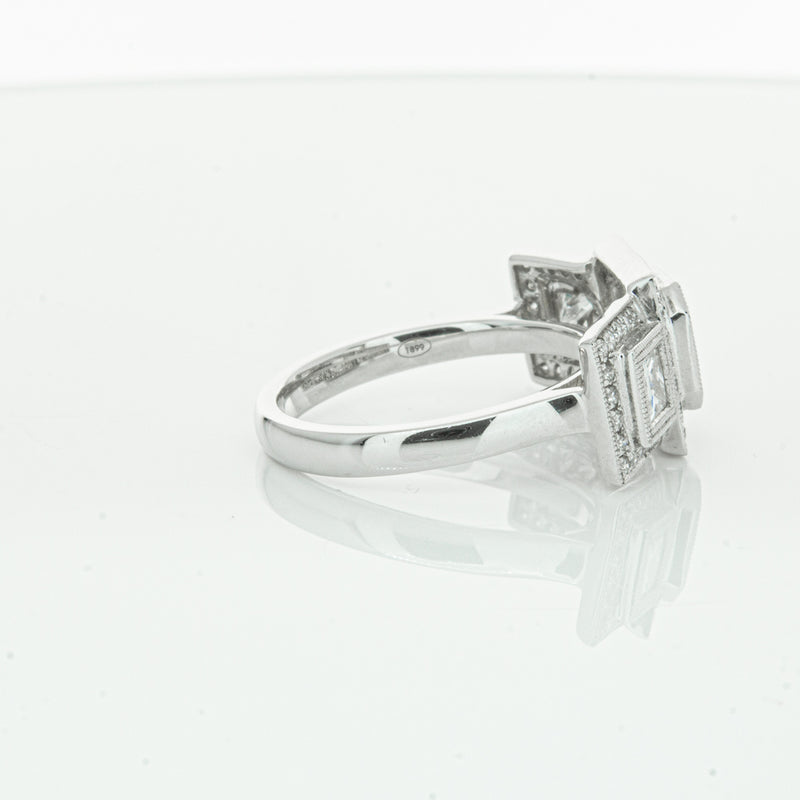 18ct White Gold Emerald Cut Diamond Halo Ring-Ring-Walker & Hall
