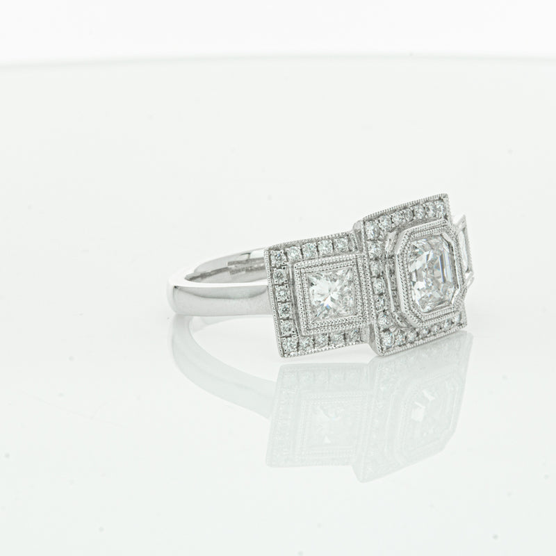 18ct White Gold Emerald Cut Diamond Halo Ring-Ring-Walker & Hall