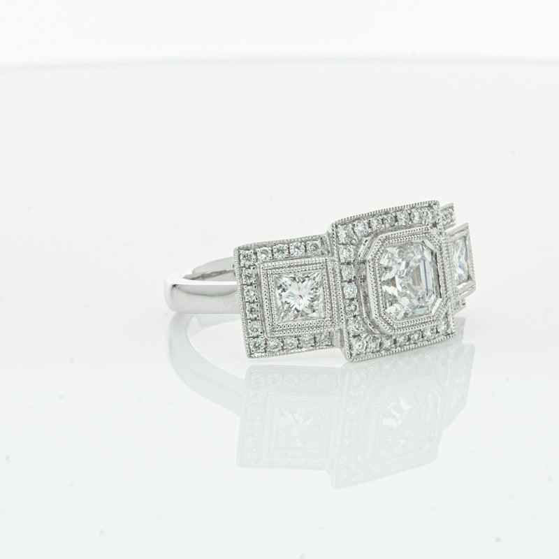 18ct White Gold Emerald Cut Diamond Halo Ring-Ring-Walker & Hall