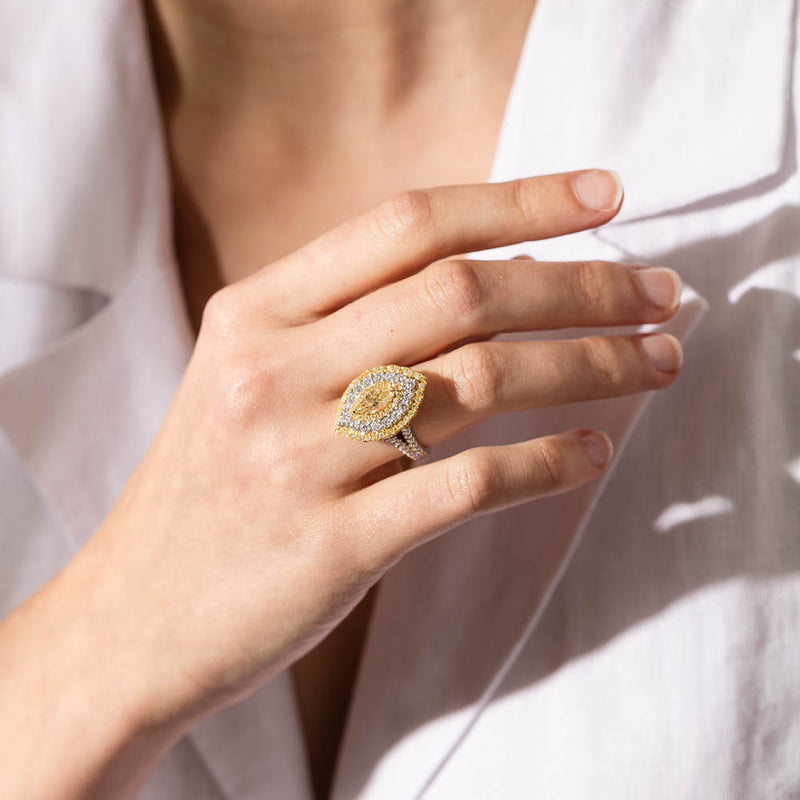 18ct White & Yellow Gold Marquise Cut Diamond Halo Ring-Ring-Walker & Hall