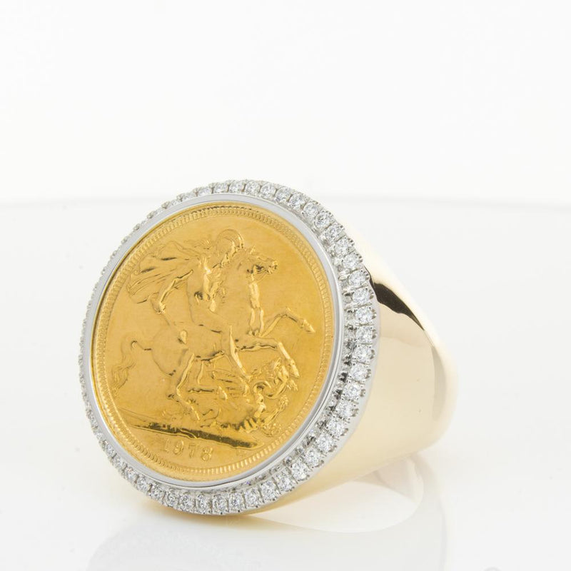 14ct Yellow Gold Diamond Halo Ring with Sovereign-Ring-Walker & Hall