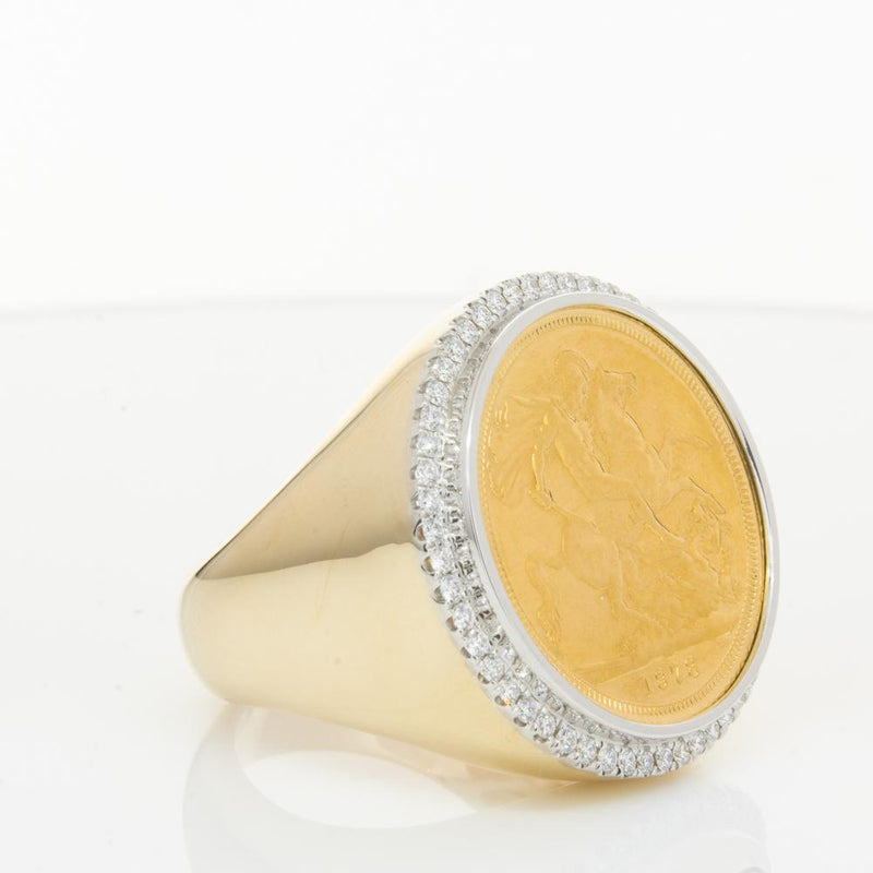 14ct Yellow Gold Diamond Halo Ring with Sovereign-Ring-Walker & Hall