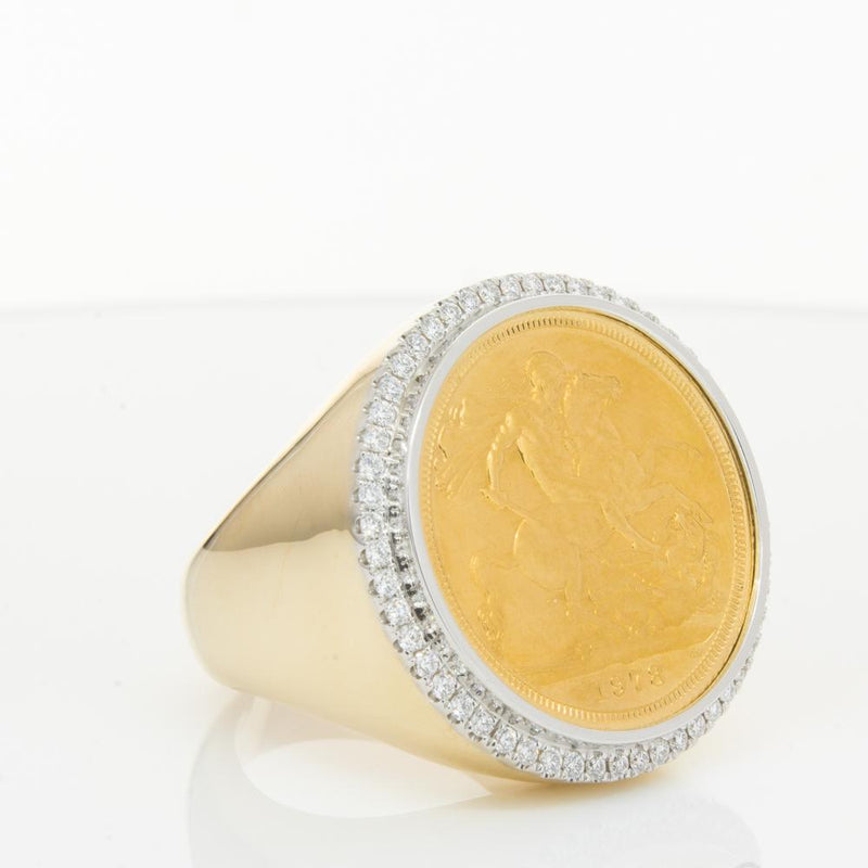 14ct Yellow Gold Diamond Halo Ring with Sovereign-Ring-Walker & Hall