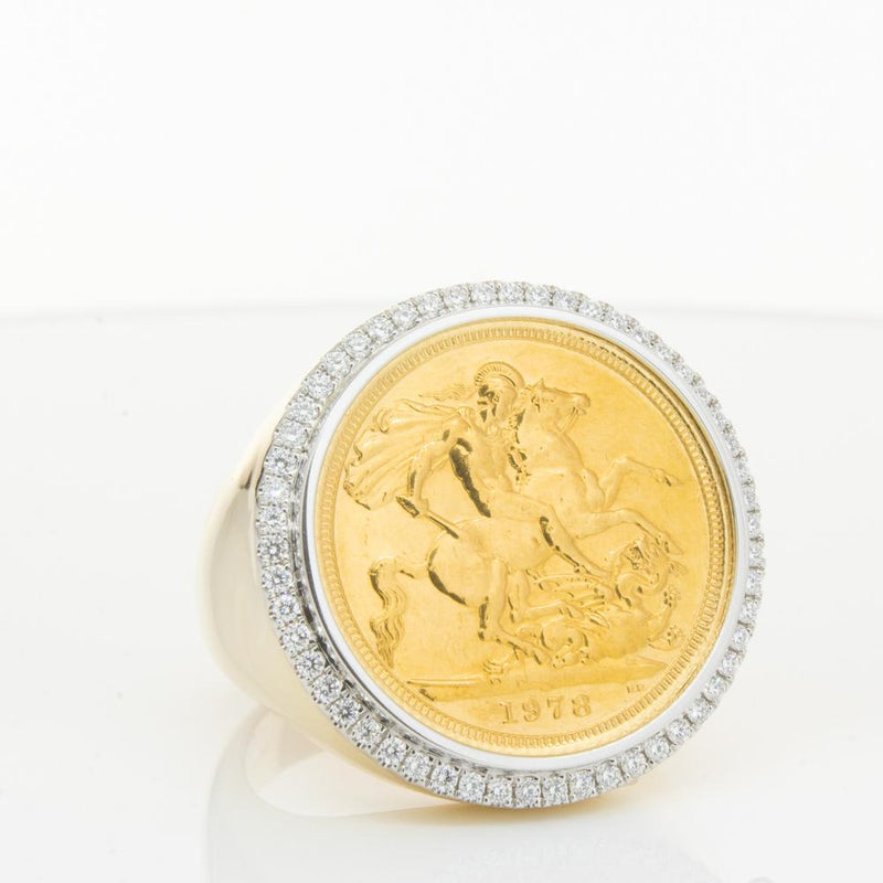 14ct Yellow Gold Diamond Halo Ring with Sovereign-Ring-Walker & Hall