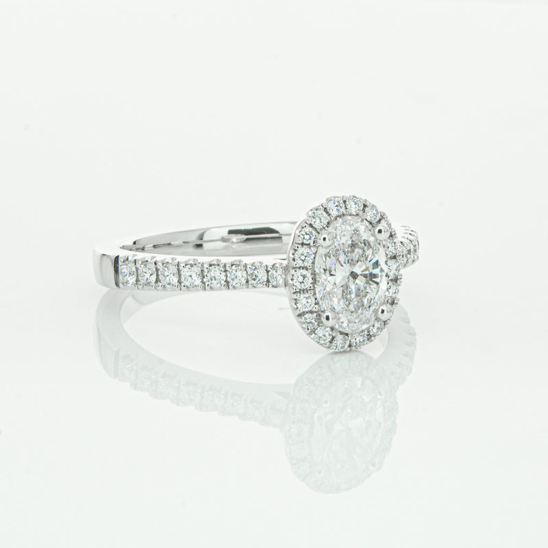 18ct White Gold Oval Cut Diamond Halo Ring-Ring-Walker & Hall