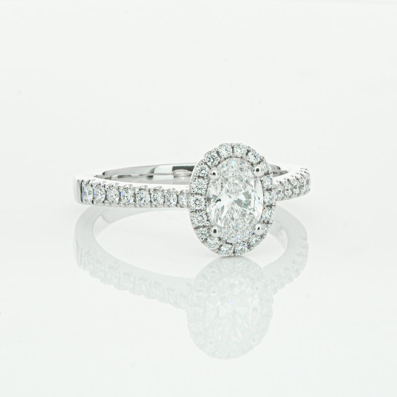 18ct White Gold Oval Cut Diamond Halo Ring-Ring-Walker & Hall