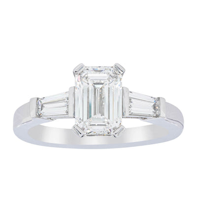 18ct White Gold Emerald Cut Diamond Three Stone Ring-Ring-Walker & Hall
