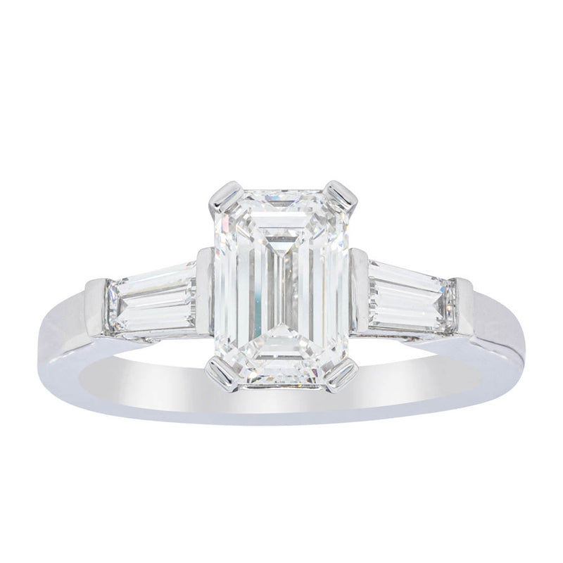 18ct White Gold Emerald Cut Diamond Three Stone Ring-Ring-Walker & Hall