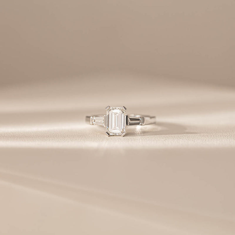 18ct White Gold Emerald Cut Diamond Three Stone Ring-Ring-Walker & Hall