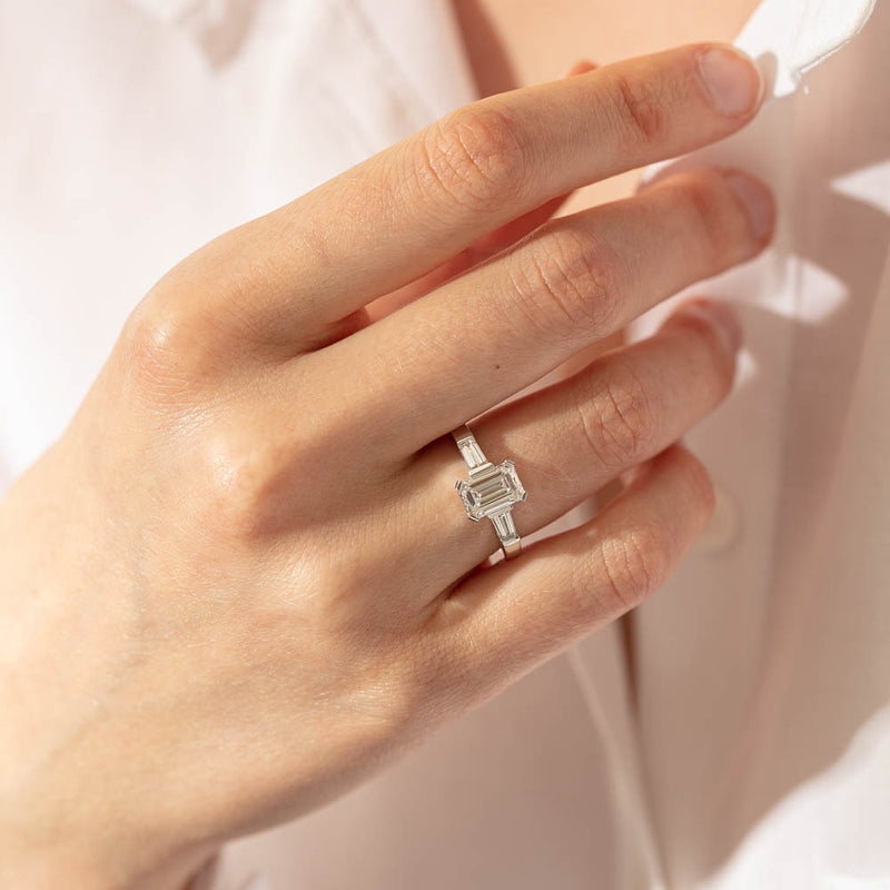 18ct White Gold Emerald Cut Diamond Three Stone Ring-Ring-Walker & Hall