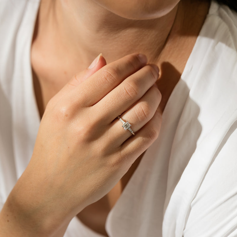 18ct White Gold Emerald Cut Diamond Ring-Ring-Walker & Hall