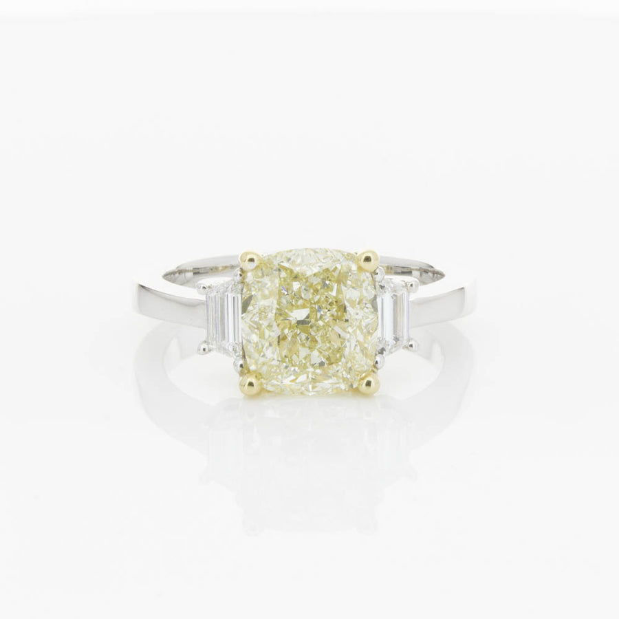 18ct White Gold Yellow Cushion Cut Diamond Three Stone Ring-Ring-Walker & Hall