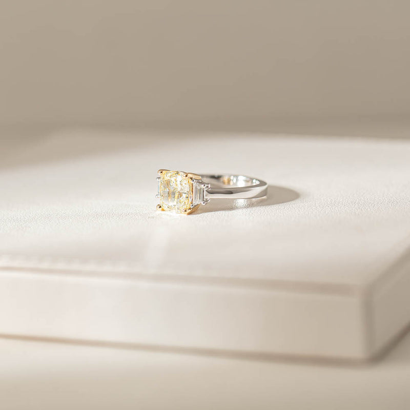18ct White Gold Yellow Cushion Cut Diamond Three Stone Ring-Ring-Walker & Hall