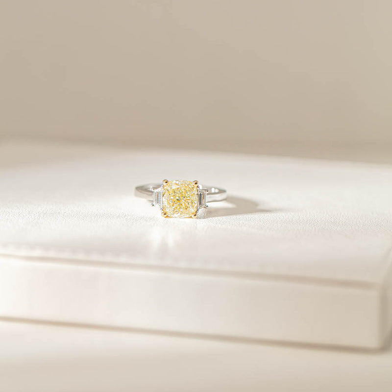 18ct White Gold Yellow Cushion Cut Diamond Three Stone Ring-Ring-Walker & Hall