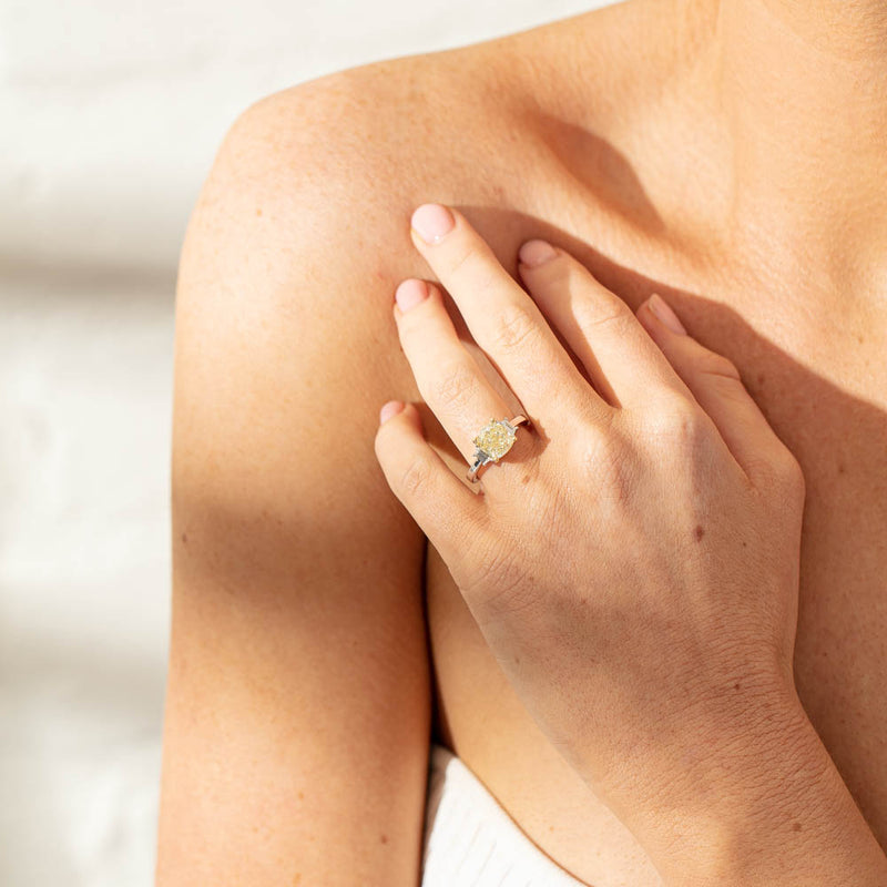 18ct White Gold Yellow Cushion Cut Diamond Three Stone Ring-Ring-Walker & Hall