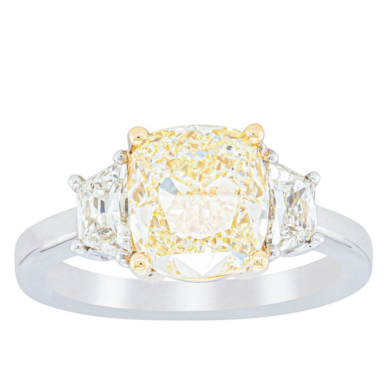 18ct White Gold Yellow Cushion Cut Diamond Three Stone Ring-Ring-Walker & Hall