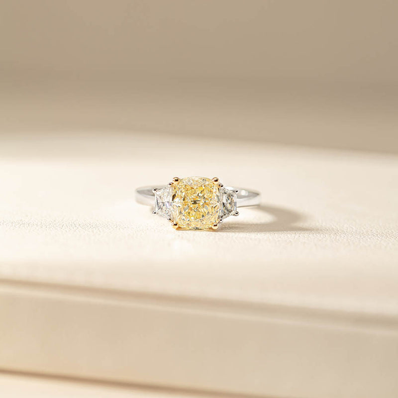 18ct White Gold Yellow Cushion Cut Diamond Three Stone Ring-Ring-Walker & Hall