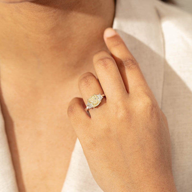 18ct White Gold Yellow Cushion Cut Diamond Three Stone Ring-Ring-Walker & Hall