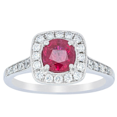 18ct White Gold Ruby And Diamond Halo Ring-Ring-Walker & Hall