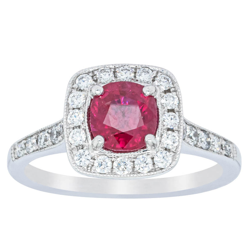 18ct White Gold Ruby And Diamond Halo Ring-Ring-Walker & Hall