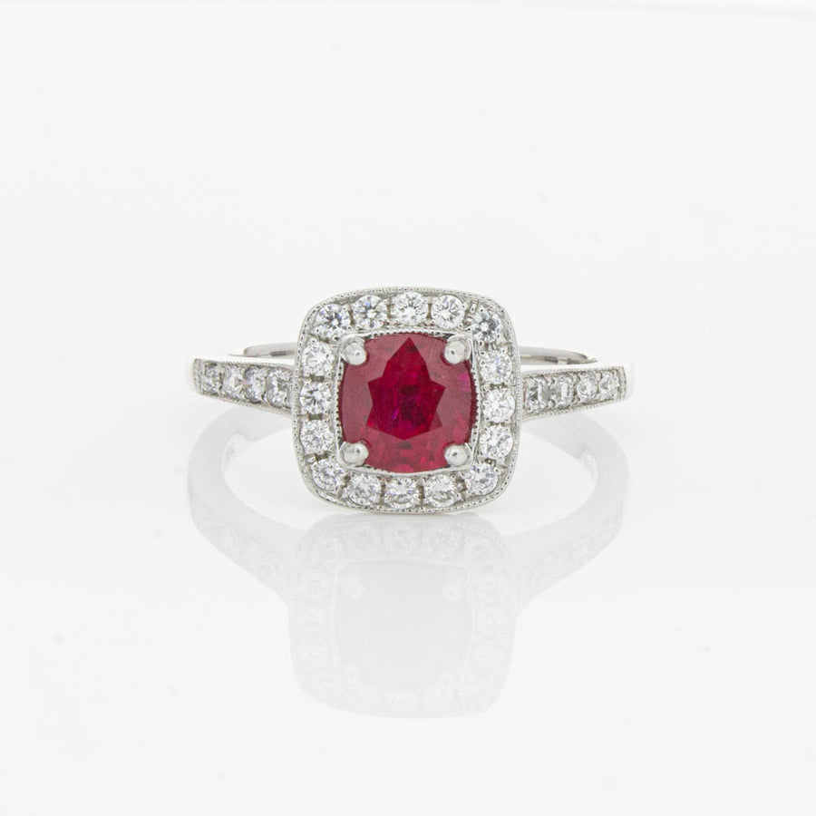 18ct White Gold Ruby And Diamond Halo Ring-Ring-Walker & Hall