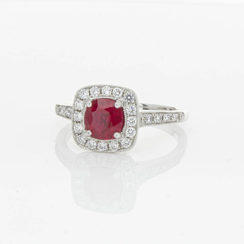 18ct White Gold Ruby And Diamond Halo Ring-Ring-Walker & Hall
