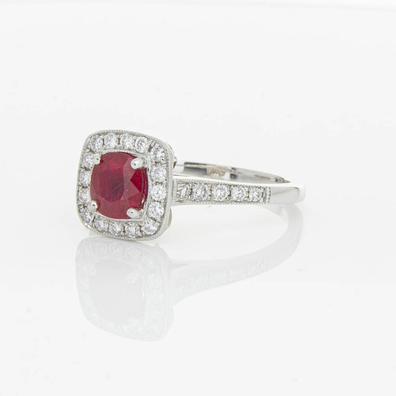18ct White Gold Ruby And Diamond Halo Ring-Ring-Walker & Hall