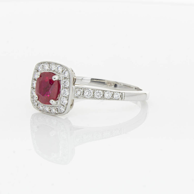 18ct White Gold Ruby And Diamond Halo Ring-Ring-Walker & Hall