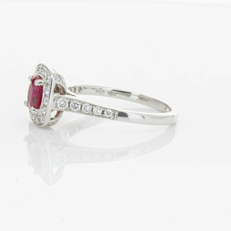 18ct White Gold Ruby And Diamond Halo Ring-Ring-Walker & Hall