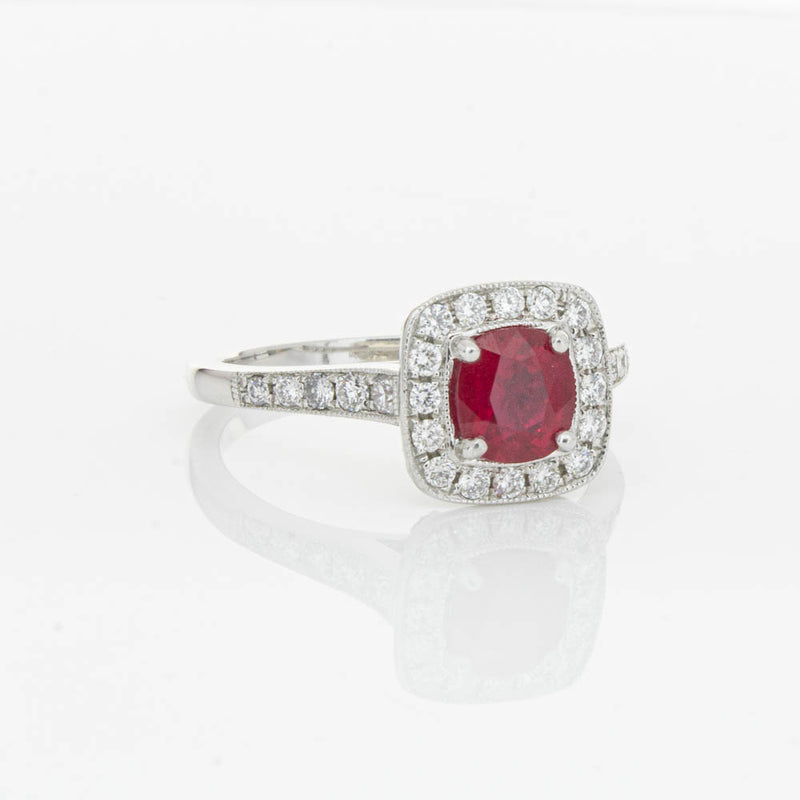 18ct White Gold Ruby And Diamond Halo Ring-Ring-Walker & Hall