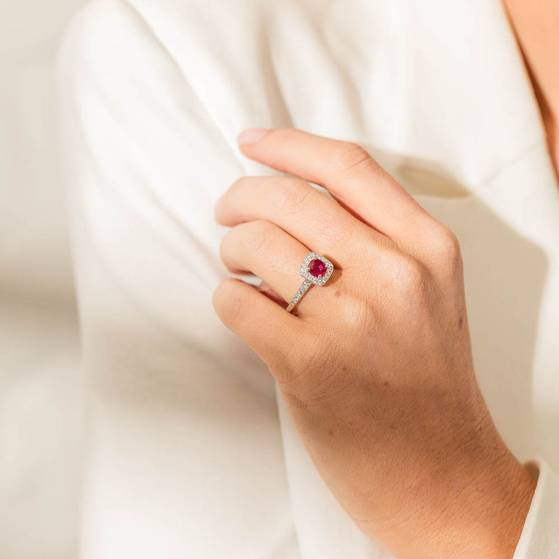 18ct White Gold Ruby And Diamond Halo Ring-Ring-Walker & Hall