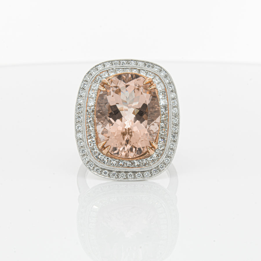 18ct White & Rose Gold Morganite & Diamond Halo Ring-Ring-Walker & Hall
