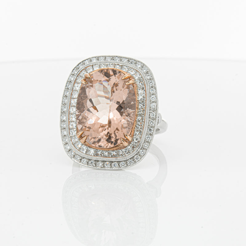 18ct White & Rose Gold Morganite & Diamond Halo Ring-Ring-Walker & Hall