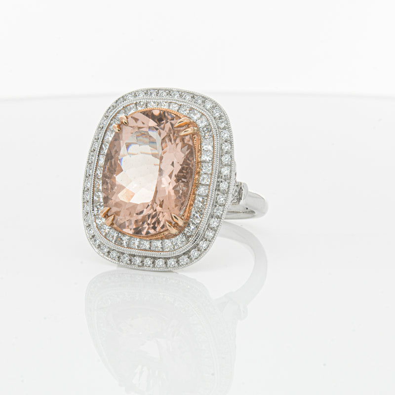 18ct White & Rose Gold Morganite & Diamond Halo Ring-Ring-Walker & Hall