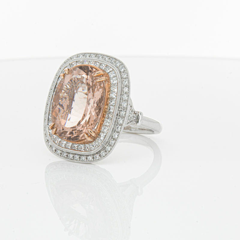 18ct White & Rose Gold Morganite & Diamond Halo Ring-Ring-Walker & Hall