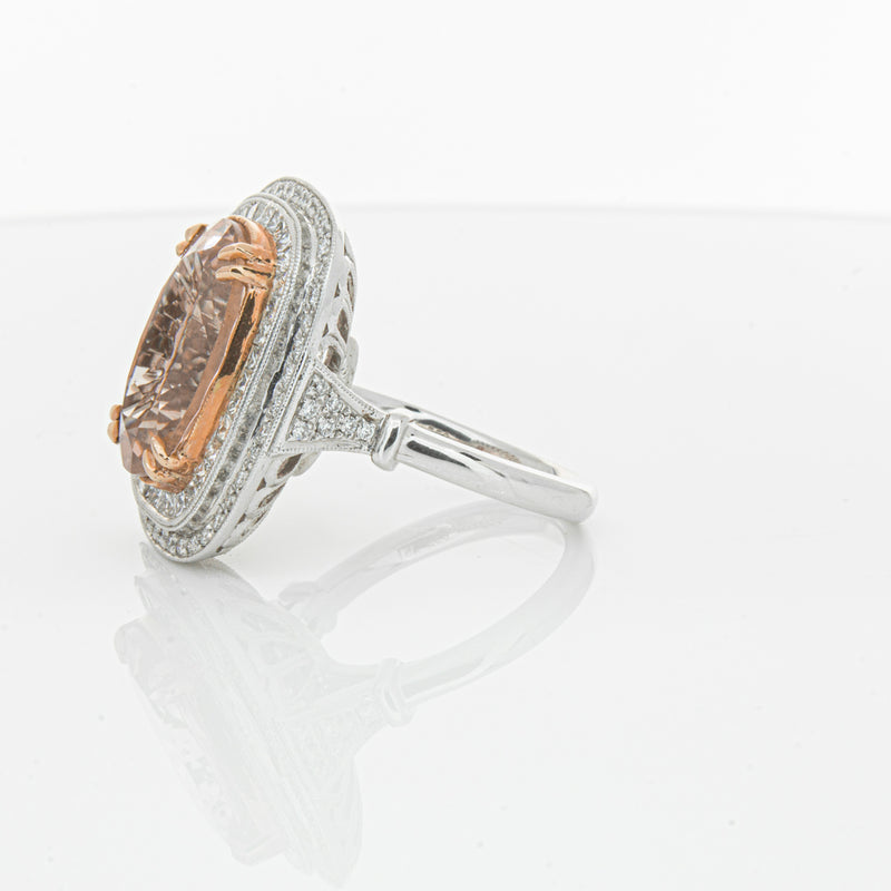 18ct White & Rose Gold Morganite & Diamond Halo Ring-Ring-Walker & Hall