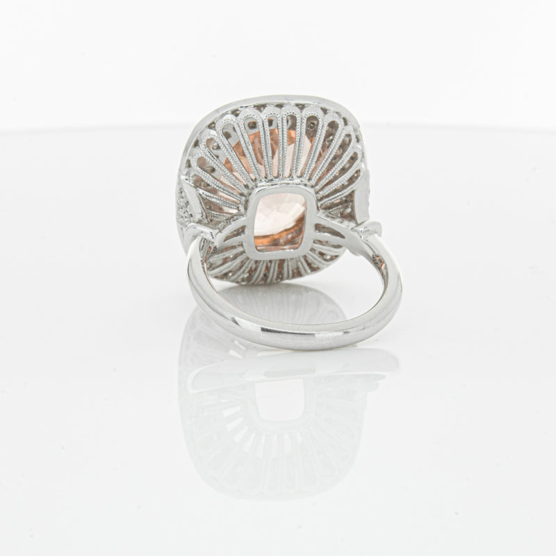 18ct White & Rose Gold Morganite & Diamond Halo Ring-Ring-Walker & Hall