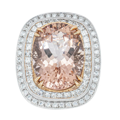 18ct White & Rose Gold Morganite & Diamond Halo Ring-Ring-Walker & Hall