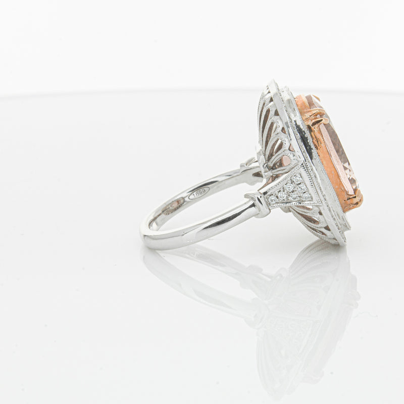 18ct White & Rose Gold Morganite & Diamond Halo Ring-Ring-Walker & Hall