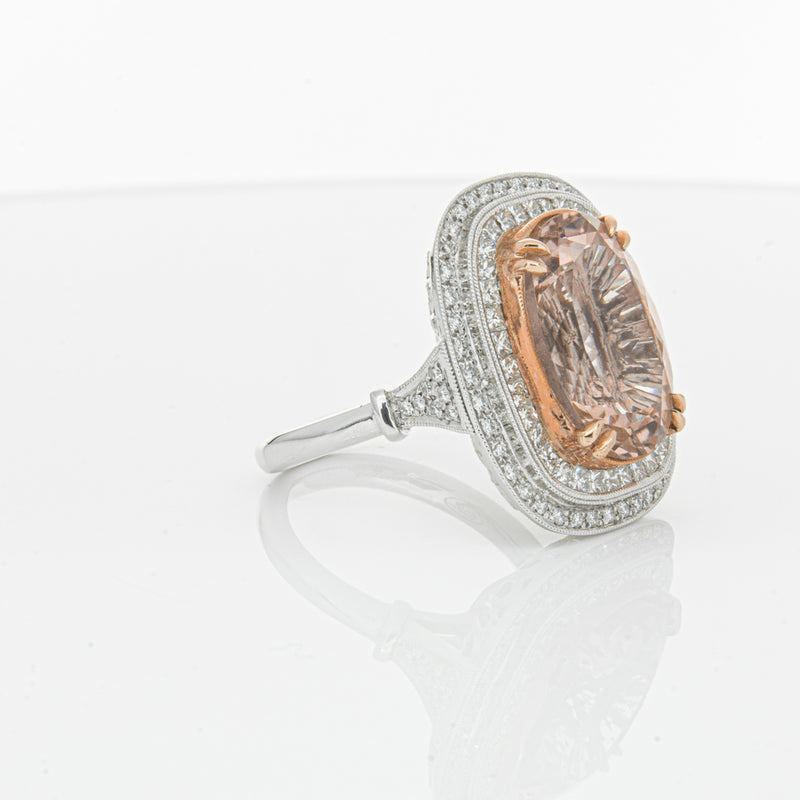 18ct White & Rose Gold Morganite & Diamond Halo Ring-Ring-Walker & Hall