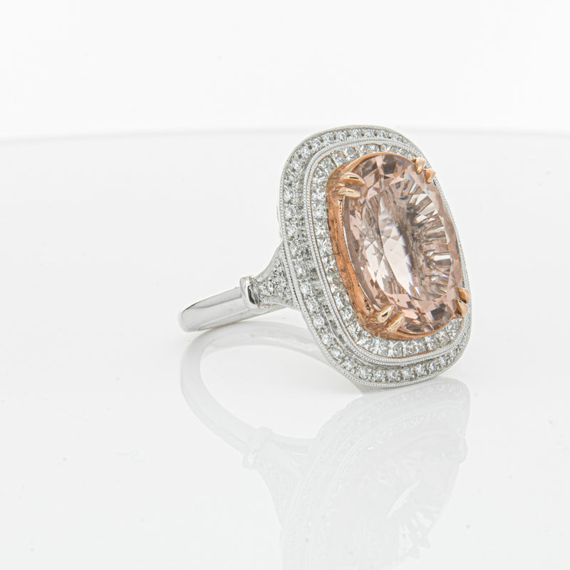 18ct White & Rose Gold Morganite & Diamond Halo Ring-Ring-Walker & Hall