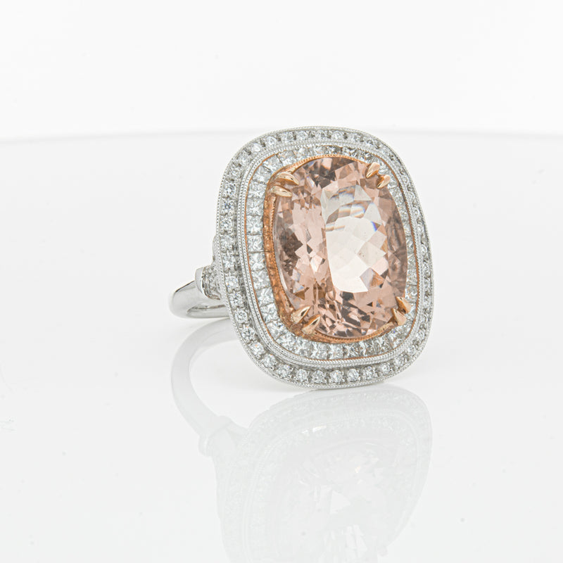 18ct White & Rose Gold Morganite & Diamond Halo Ring-Ring-Walker & Hall