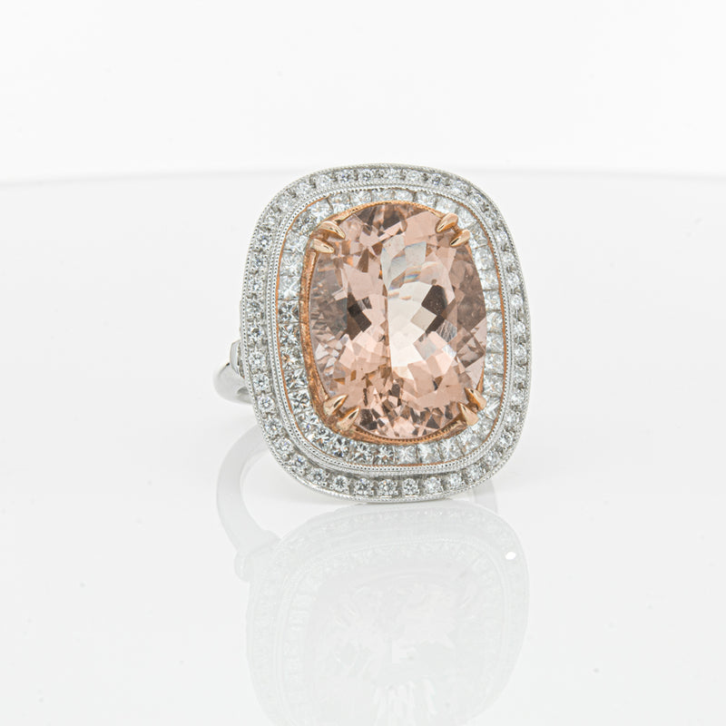 18ct White & Rose Gold Morganite & Diamond Halo Ring-Ring-Walker & Hall