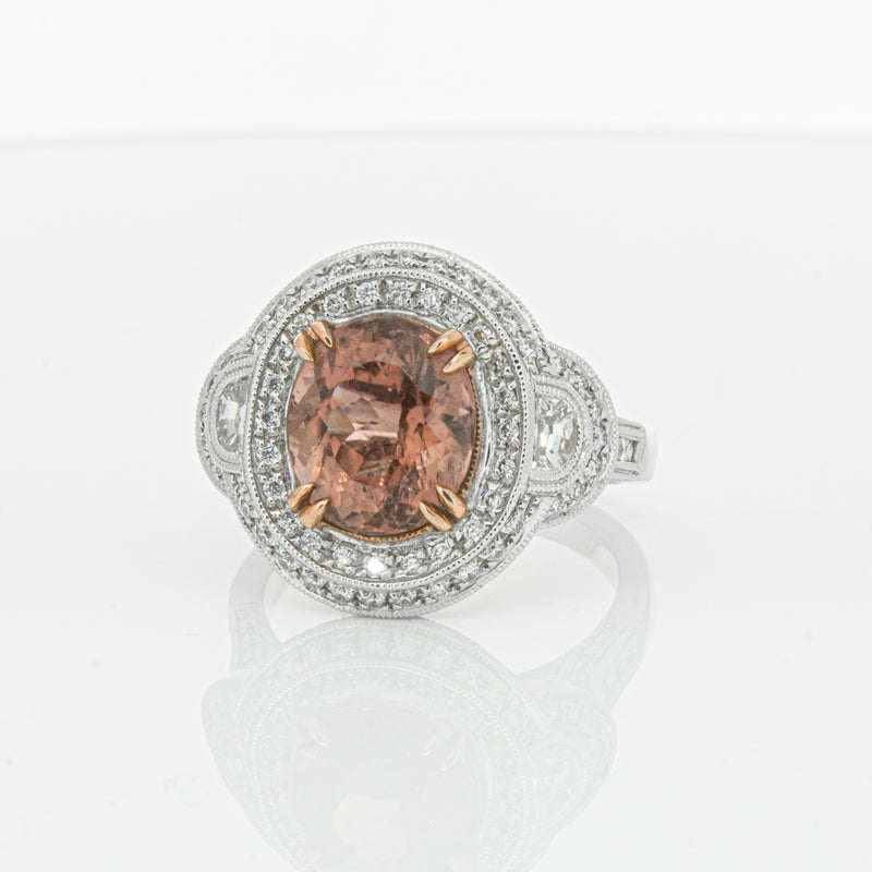 18ct White Gold Tourmaline & Diamond Halo Ring-Ring-Walker & Hall