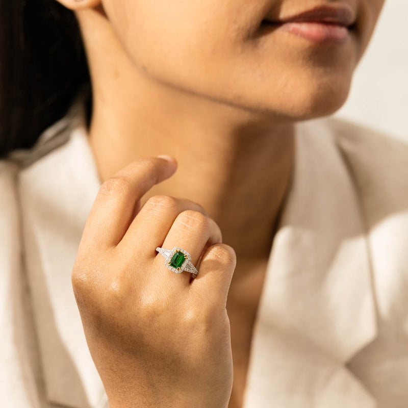 18ct White Gold Tsavorite & Diamond Halo Ring-Ring-Walker & Hall