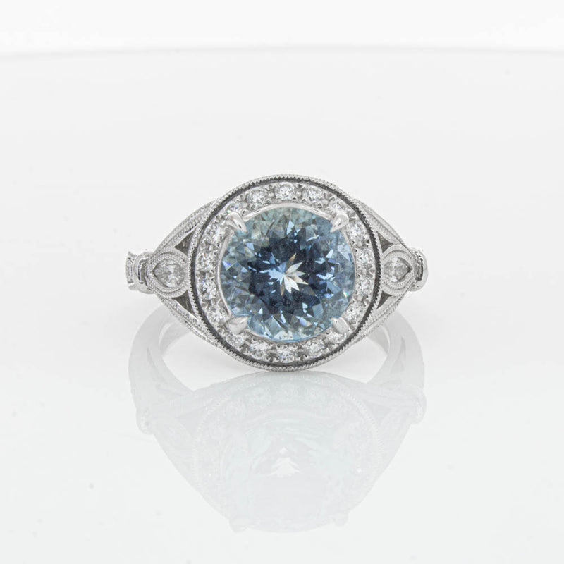 18ct White Gold Aquamarine & Diamond Halo Ring-Ring-Walker & Hall