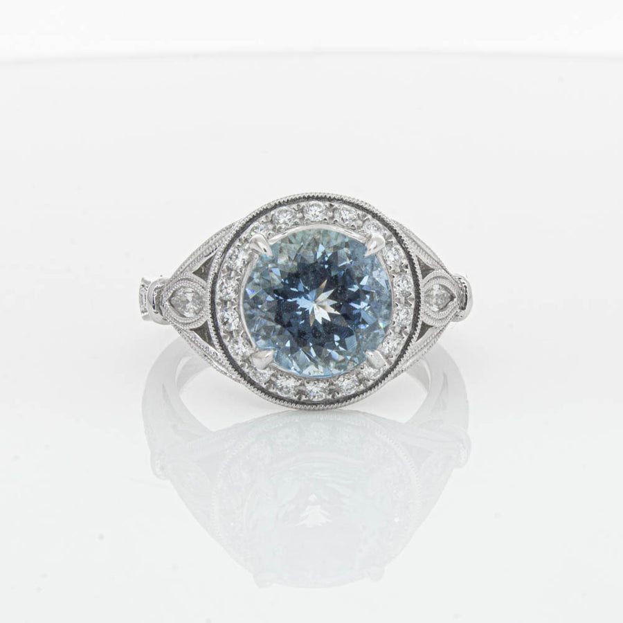 18ct White Gold Aquamarine & Diamond Halo Ring-Ring-Walker & Hall