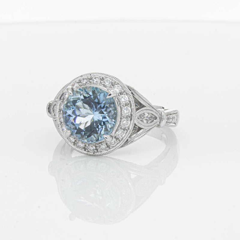 18ct White Gold Aquamarine & Diamond Halo Ring-Ring-Walker & Hall